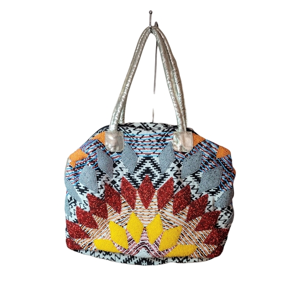 Handbags - Heavily Hand Beaded Embellished Colorful Tribal Large Tote Bag Southwest Zipper